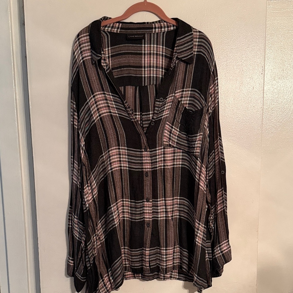 Lane Bryant Charcoal and Pink Plaid Button-Down Shirt